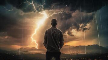 homme permanent avec le sien retour à la recherche à le coloré foudre orage ciel avec beaucoup des nuages atteindre foudre. génératif ai. photo