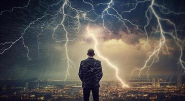 homme permanent avec le sien retour à la recherche à le coloré foudre orage ciel avec beaucoup des nuages atteindre foudre. génératif ai. photo