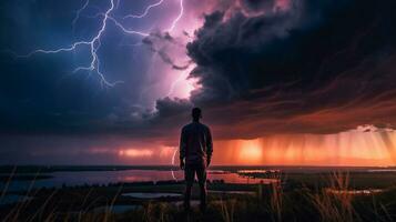 homme permanent avec le sien retour à la recherche à le coloré foudre orage ciel avec beaucoup des nuages atteindre foudre. génératif ai. photo