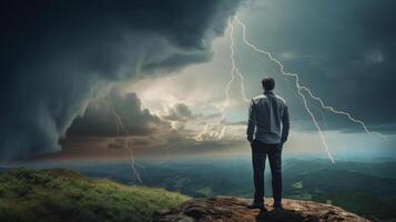 homme permanent avec le sien retour à la recherche à le coloré foudre orage ciel avec beaucoup des nuages atteindre foudre. génératif ai. photo