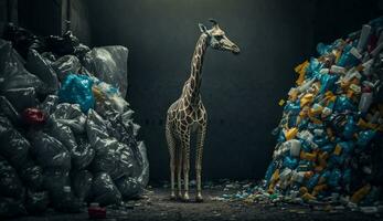 une girafe dans des stands près une pile de Plastique. génératif ai. photo