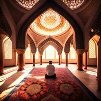 croissant en forme de lune et mosquée dans de face de nuit nuageux et étoile Ramadan le saint mois photo