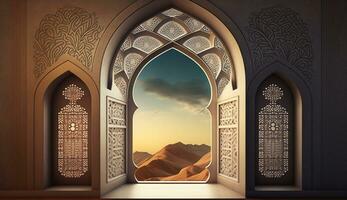 islamique mosquée intérieur conception, palais intérieur avec d'or décor, ai génératif photo