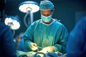 photo de une Masculin médecin performant chirurgie dans un en fonctionnement chambre. génératif ai