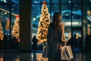 une femme en marchant autour le centre commercial avant Noël avec sa achats sac. génératif ai photo