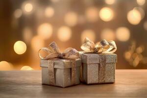brillant d'or Noël cadeau boîte sur en bois table dans de face de bokeh effet Contexte. génératif ai photo