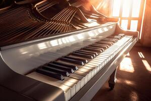 photo de une piano réfléchi dans le du soleil des rayons. génératif ai