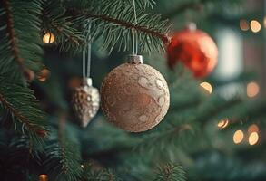 embrasé Noël arbre décoré avec ornemental des balles et rouge baies pour le vacances saison. génératif ai photo