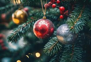 embrasé Noël arbre décoré avec ornemental des balles et rouge baies pour le vacances saison. génératif ai photo