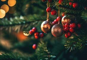 embrasé Noël arbre décoré avec ornemental des balles et rouge baies pour le vacances saison. génératif ai photo