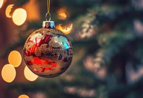 embrasé Noël arbre décoré avec ornemental des balles et rouge baies pour le vacances saison. génératif ai photo