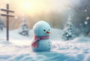 bonhomme de neige dans le neige, dans de face de embrasé lumières et bokeh effet dans le Contexte. Noël concept. génératif ai photo