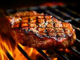 une proche - en haut coup de une à la perfection grillé steak grésillant sur une barbecue gril. génératif ai photo