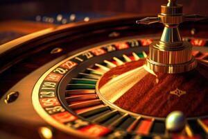 une proche - en haut coup de une roulette table dans une casino, mise en évidence le filage roue et coloré pari puces. génératif ai photo