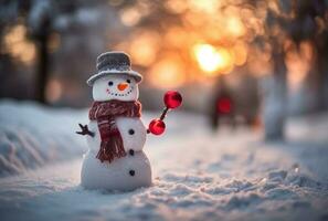 bonhomme de neige dans le neige, dans de face de embrasé lumières et bokeh effet dans le Contexte. Noël concept. génératif ai photo