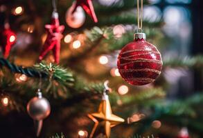 embrasé Noël arbre décoré avec ornemental des balles et rouge baies pour le vacances saison. génératif ai photo