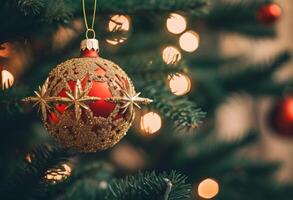 embrasé Noël arbre décoré avec ornemental des balles et rouge baies pour le vacances saison. génératif ai photo