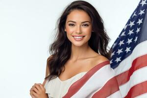 photo de magnifique américain femme posant dans de face de américain drapeau. génératif ai