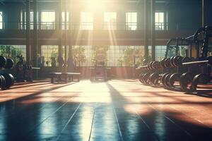 Gym intérieur photo avec lumière du soleil fuite par le la fenêtre. génératif ai