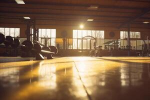 Gym intérieur photo avec lumière du soleil fuite par le la fenêtre. génératif ai