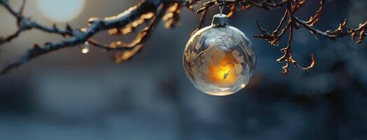 Noël ornement dans verre pendaison sur le Noël arbre. Nouveau année fête concept. génératif ai photo