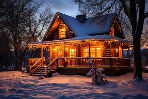 photo de maison décoré pour Noël en dessous de le neige. génératif ai