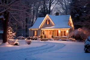 photo de maison décoré pour Noël en dessous de le neige. génératif ai