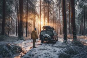 une homme des promenades par le voiture dans une neigeux forêt pour camping. génératif ai photo