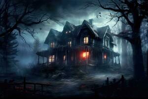 photo de une effrayant maison dans une mystérieux des bois. Halloween concept. génératif ai
