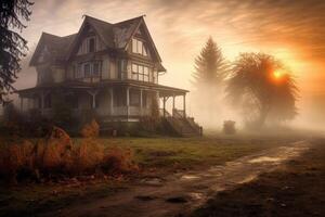 photo de une effrayant maison dans une mystérieux des bois. Halloween concept. génératif ai