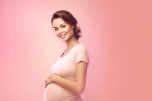 photo de Enceinte femme dans de face de rose Contexte. génératif ai