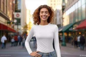 magnifique femme dans une gris T-shirt et jeans pose sur une rue avec achats centres commerciaux. génératif ai photo