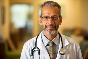 une portrait coup de une Masculin médecin portant une blanc laboratoire manteau et stéthoscope. génératif ai photo