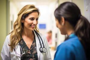 une Candide photo de une femelle médecin interagir avec une patient dans une hôpital chambre. génératif ai