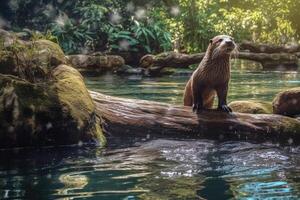 une fermer photo de un loutre en essayant à faire ses nid dans le l'eau. génératif ai