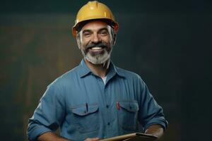 souriant photo de ouvrier homme à l'intérieur usine. génératif ai