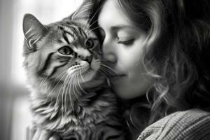 une photo de une femme tendrement embrasser et étreindre sa chat. génératif ai