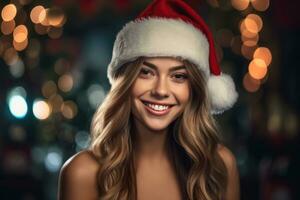 photo de une magnifique femme dans une Père Noël chapeau pose avec une sourire. génératif ai