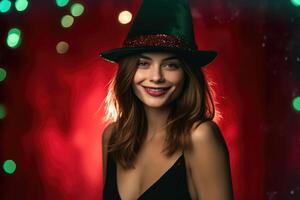 photo de une magnifique femme dans une Père Noël chapeau pose avec une sourire. génératif ai