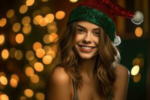 photo de une magnifique femme dans une Père Noël chapeau pose avec une sourire. génératif ai