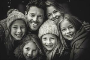 une proche - en haut photo de une radieux américain famille recroquevillé ensemble, leur visages rempli avec joie et rire. génératif ai