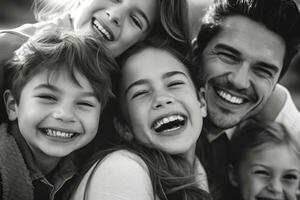 une proche - en haut photo de une radieux américain famille recroquevillé ensemble, leur visages rempli avec joie et rire. génératif ai