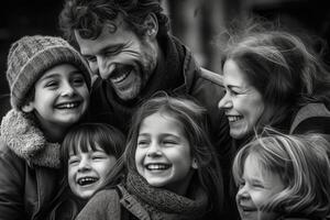 une proche - en haut photo de une radieux américain famille recroquevillé ensemble, leur visages rempli avec joie et rire. génératif ai