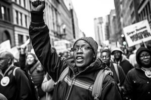 une puissant coup de une manifestation Mars pour une social cause. génératif ai photo