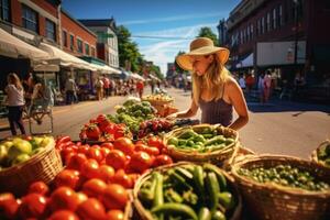 une client explorant une animé Les agriculteurs marché, entouré par Frais produire et local artisanal marchandises. génératif ai photo