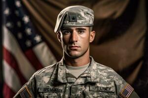 américain soldat dans uniforme permanent grand et salut, avec le américain drapeau dans le Contexte. génératif ai photo