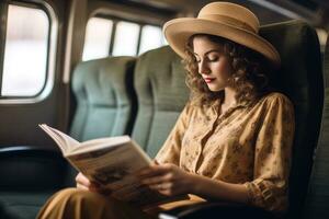 photo de une femme allongé confortablement dans sa siège, en train de lire une Voyage magazine, et portant une chapeau. génératif ai