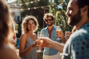 groupe de copains profiter une ensoleillé journée par le bassin dans le les villas jardin, tintement leur bières ensemble dans fête. génératif ai photo