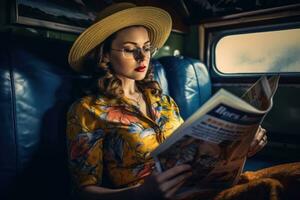 photo de une femme allongé confortablement dans sa siège, en train de lire une Voyage magazine, et portant une chapeau. génératif ai