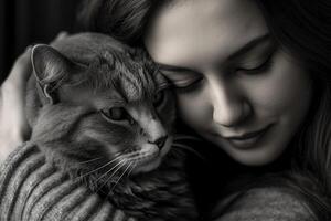 une photo de une femme séance pacifiquement, berceau sa chat dans sa bras, comme elle les plantes une doux baiser sur ses diriger. génératif ai